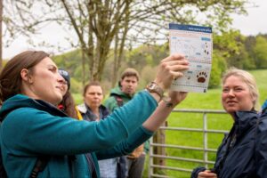 A group of people at the edge of a field looking at a mammal track identification sheet.